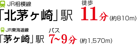 JR相模線「北茅ヶ崎」駅 徒歩11分(約810m) JR東海道線「茅ヶ崎」駅 バス7-9分(約1,570m)